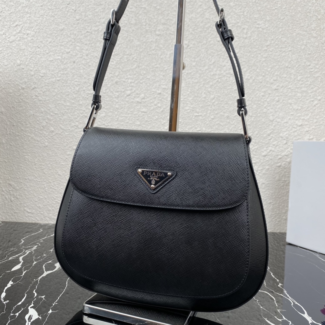 Prada Cleo Brushed Leather Shoulder Bag With Flap Black 1BD303